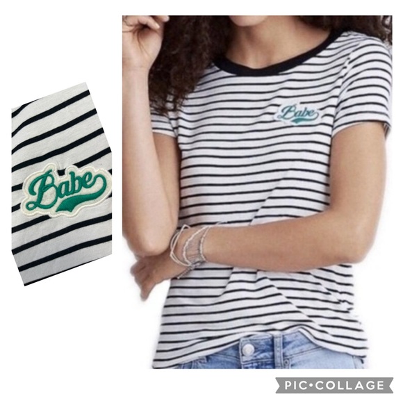 AE AMERICAN EAGLE BABE PATCH SOFT & SEXY CREWNECK T-SHIRT BLACK STRIPE - Picture 1 of 4